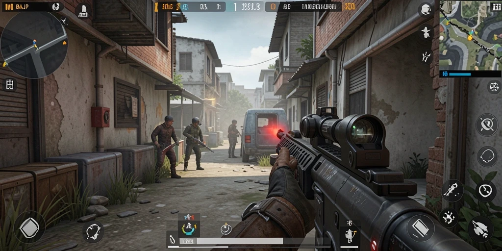 Screenshot utama IMBAJP menunjukkan pertarungan intens dalam mode FPS.