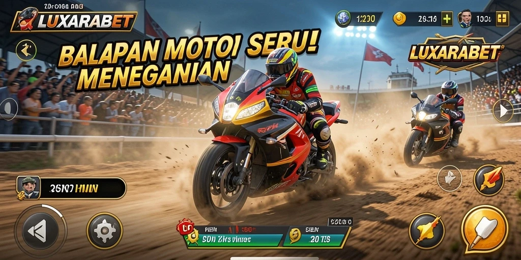 Screenshot gameplay LUXARABET menampilkan balapan motor yang mendebarkan.