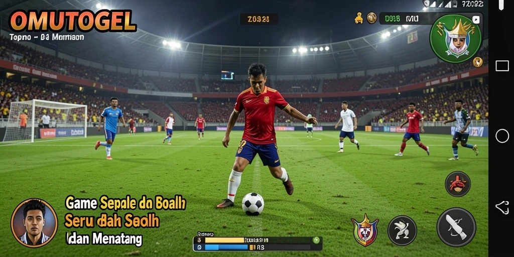 Screenshot utama OMUTOGEL menampilkan aksi seru di lapangan sepak bola.