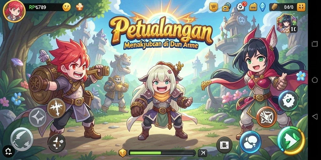 Tampilan gameplay yang menonjol dalam dunia anime yang memukau.