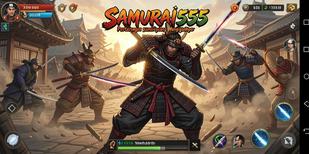 Screenshot gameplay SAMURAI555 menampilkan pertarungan samurai yang epik.
