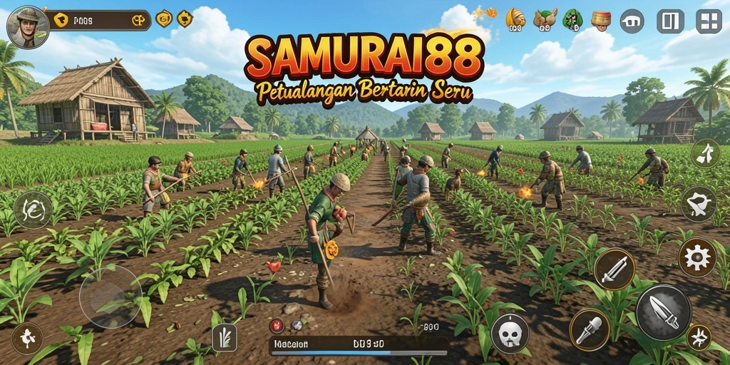 Tangkapan layar gameplay SAMURAI88 dengan kebun yang subur.